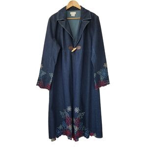 Cindy Ambuehl Long Denim Coat Embroidered Size 1X‎ Denim Blue
